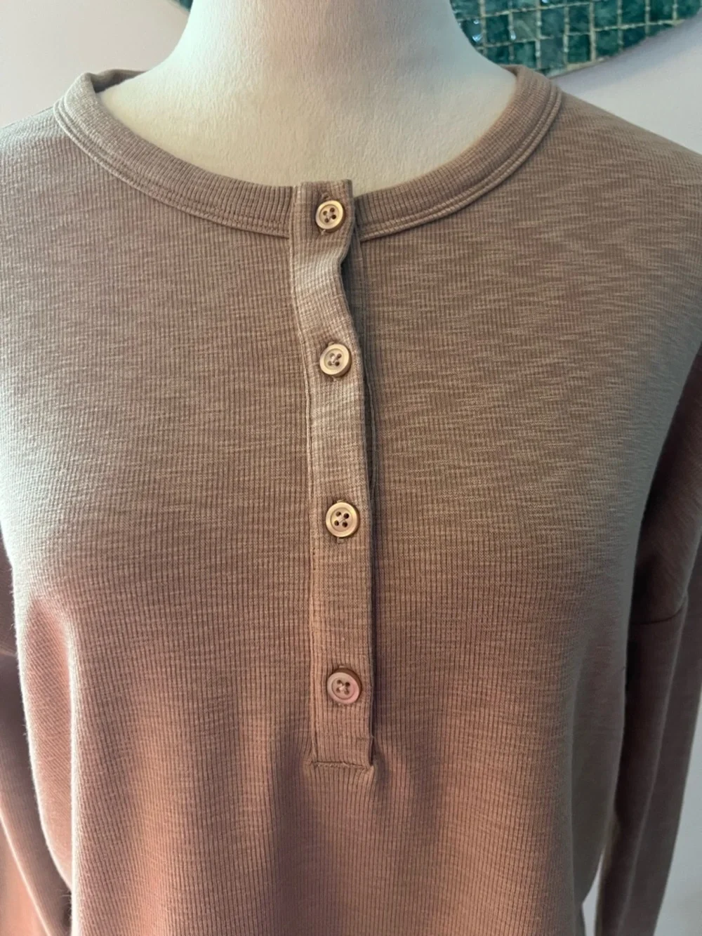 Vuori Women's Long Sleeve Henley in Taupe - Picture 2 of 11